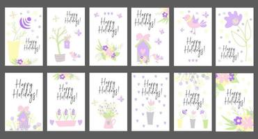 conjunto de tarjetas brillantes. felices vacaciones. estilo infantil ilustraciones simples. lindos personajes kawaii. flores de primavera y pancartas. colección de pájaros, pajareras, flores. suministros de jardín. vector