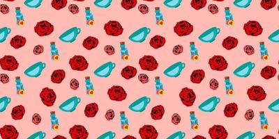 playing cards seamless pattern. Red rose on a pink background.. vector