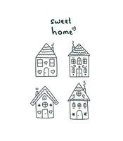 Drawn vector houses in doodle style. Cute little house for postcards, print, packaging, advertising, poster.