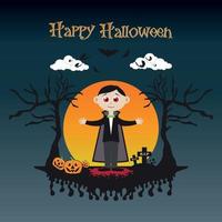 halloween lindo personaje de drácula murciélago de calabaza árboles espeluznantes con ilustración de sombra de luz de luna llena vector