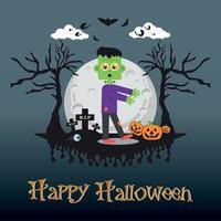 Halloween cute zombie character pumpkin bat spooky trees with full moonlight shadow illustration vector