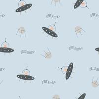 Cosmic seamless pattern with hand drawn UFO and satellites. Childish design for clothes, textile, wrapping paper vector