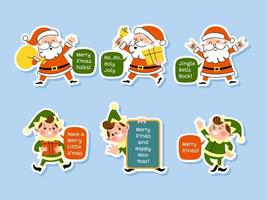 set de pegatinas de santa claus y sus ayudantes vector