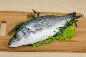 Raw seabass on wooden board and wooden background photo