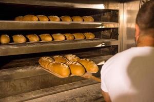 trabajador de panadería sacando panes recién horneados foto