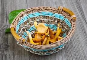 Chanterelle in a basket on wooden background photo