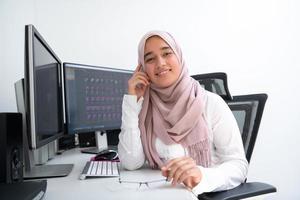 Female Arabic creative professional working at home office on desktop computer with dual screen monitor top view. Selectve focus photo