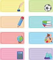 Notebook labels. Icons of school subjects. Colorful vector design.