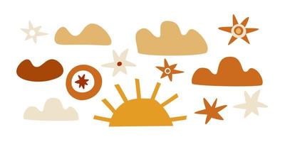 set of sun, stars and clouds drawn by hand in flat style. vector illustration.