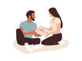 The happy couple exchanging gifts. A happy man and woman sit next to each other with a gift in their hands isolated on a white background. Flat vector illustration