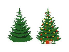 Set of Christmas trees with and without decorations isolated on white background. Flat vector illustration