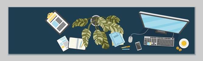Remote Work social media banner. Freelancer Working Distant on Pc from Home linkedin cover, Self-employed Occupation header. Cartoon Flat Vector Illustration