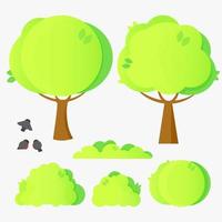 Set of green city trees and bushes with bullfinches vector