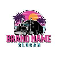 Miami Vice themed freight transporter truck t-shirt design vector