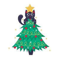 plantilla de tarjeta de navidad, pancarta o afiche con árbol de navidad y lindo gato negro sentado encima vector