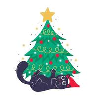 plantilla de tarjeta de navidad, pancarta o afiche con árbol de navidad y lindo gato negro acostado debajo y jugando vector