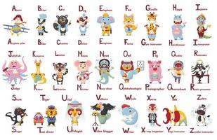 ABC latin alphabet cute animal professions letter a-z in flat cartoon style vector