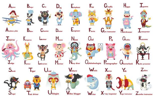 ABC latin alphabet cute animal professions letter a-z in flat cartoon style 12720340 Vector Art at Vecteezy ABC latin alphabet cute animal professions letter a-z in flat cartoon style 12720340 Vector Art at Vecteezy
