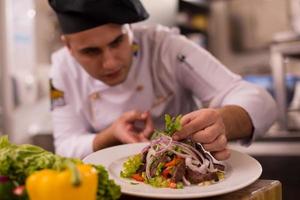 cook chef decorating garnishing prepared meal photo