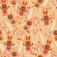 Christmas seamless pattern with cute gingerbread cookie character and gifts on light orange background vector