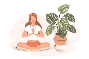 Girl practicing yoga and enjoying meditation in her room or apartment. Woman in namaste pose exercise. Concept illustration for yoga, meditation, relax, healthy lifestyle. Flat vector illustration