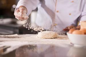 chef hands preparing dough for pizza photo