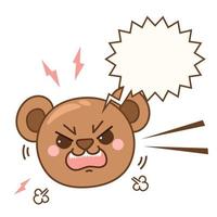 oso enojado cabeza de mascota en estilo de dibujos animados kawaii. animal dibujado a mano con discurso de burbuja. ilustración vectorial aislado sobre fondo blanco. vector