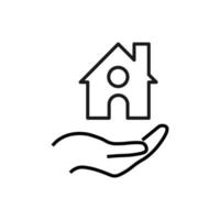 Gift, charity, support symbol. Vector sign drawn with black line. Monochrome image for adverts, banners, stores etc. Line icon of home over outstretched hand
