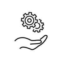 Gift, charity, support symbol. Vector sign drawn with black line. Monochrome image for adverts, banners, stores etc. Line icon of gear over outstretched hand