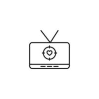 Television, tv set, tv show concept. Vector sign drawn in flat style. Suitable for sites, articles, books, apps. Editable stroke. Line icon of heart inside of target on tv screen