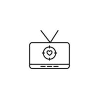 televisión, televisor, concepto de programa de televisión. signo vectorial dibujado en estilo plano. adecuado para sitios, artículos, libros, aplicaciones. trazo editable. icono de línea de corazón dentro del objetivo en la pantalla de televisión vector