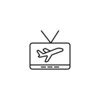 televisión, televisor, concepto de programa de televisión. signo vectorial dibujado en estilo plano. adecuado para sitios, artículos, libros, aplicaciones. trazo editable. icono de línea de avión volador en la pantalla de televisión vector