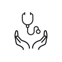 Support, present and charity concept. Modern vector sign drawn with black thin line. Editable stroke. Vector line icon of stethoscope over outstretched hands