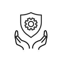 Support, present and charity concept. Modern vector sign drawn with black thin line. Editable stroke. Vector line icon of gear inside of shield over outstretched hands