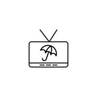 televisión, televisor, concepto de programa de televisión. signo vectorial dibujado en estilo plano. adecuado para sitios, artículos, libros, aplicaciones. trazo editable. icono de línea de paraguas en la pantalla de televisión vector