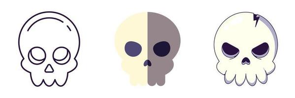 Halloween elements. Vector icon set of skull is drawn in line, flat and cartoon styles. Perfect for apps, books, articles, stores, shops, adverts