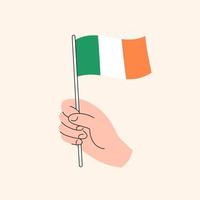 caricatura, mano, tenencia, bandera irlandesa. bandera de irlanda, ilustración conceptual, vector aislado de diseño plano.