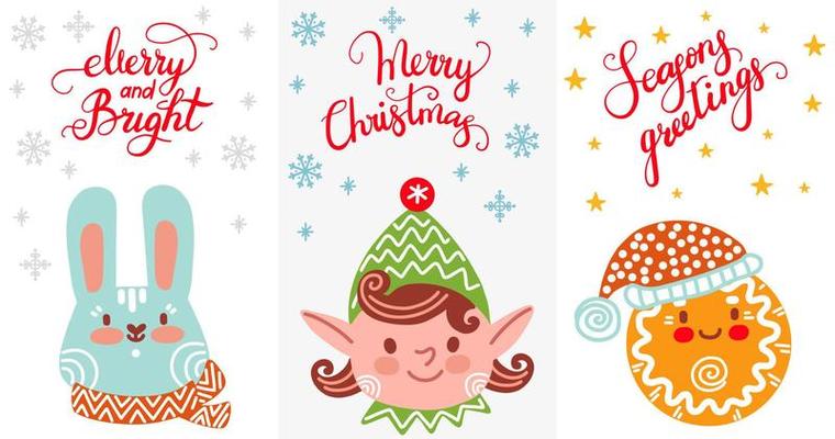 Set of vertical christmas cards with characters vector illustration