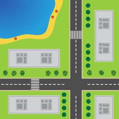 Plan Of City. Top view of the city with the road, crossroad, high-rise buildings, trees, shrubs and the beach.