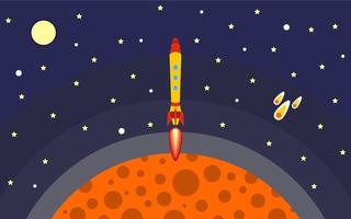 The rocket is removed from the planet. The rocket in space. Space travel. Vector illustration with flying rocket.