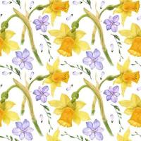 Yellow daffodil and purple freesia watercolor seamless pattern vector