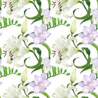 Lily and freesia flowers watercolor seamless pattern vector