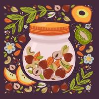 ilustración dibujada a mano de nueces y manzana seca y kiwi. ingredientes de merienda saludable. ilustración vectorial vector