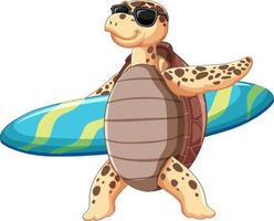 Cute turtle cartoon character wearing sunglasses holding surfboard vector