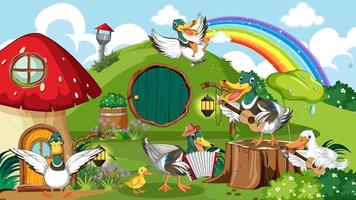 Outdoor scene with cartoon ducks vector