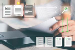 Businessmen review procedures through documents containing checkbox lists, rules of conduct concepts, rules and policies, company regulatory documents, terms and conditions. photo