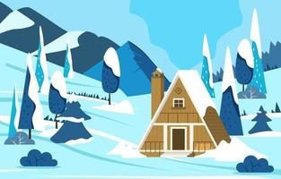 Hut In Middle of Mountains On Winter Background vector