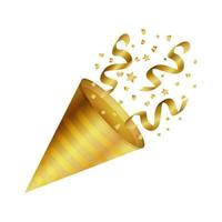 Gold party popper with confetti on white background vector