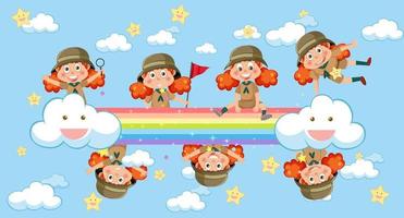 niños felices en el cielo con arco iris vector