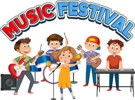 Music festival text with children playing musical instrument vector